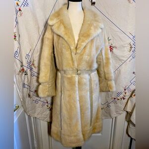 VINTAGE 70s OFF WHITE CREAM LEATHER AND REAL FUR PEA COAT